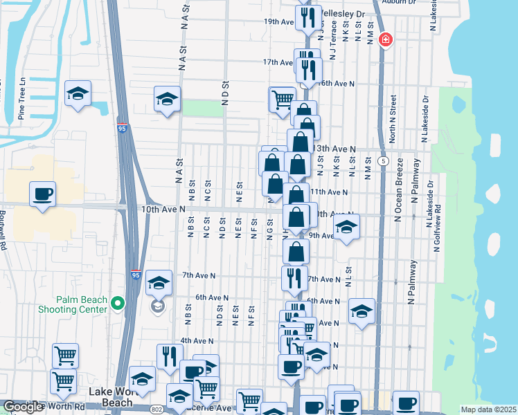 map of restaurants, bars, coffee shops, grocery stores, and more near 1006 North F Street in Lake Worth