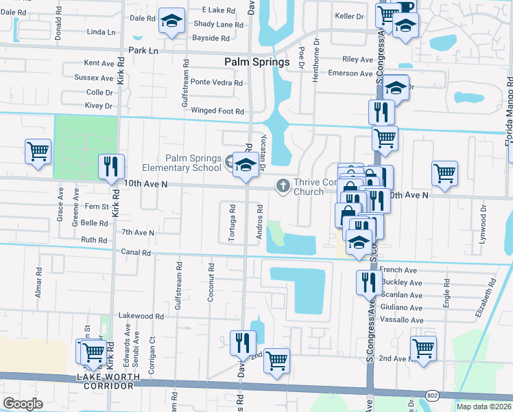 map of restaurants, bars, coffee shops, grocery stores, and more near 84 Andros Road in Palm Springs