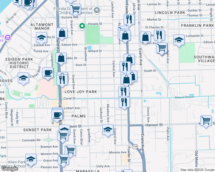 map of restaurants, bars, coffee shops, grocery stores, and more near 2340 Stella Street in Fort Myers
