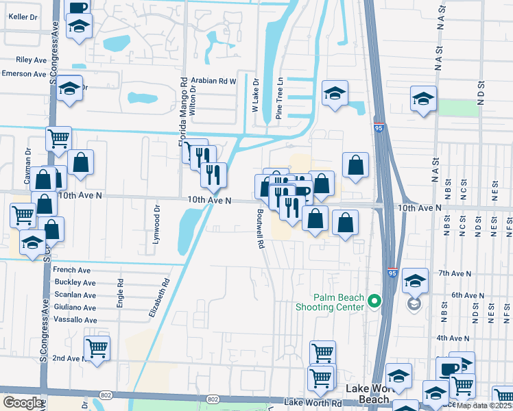 map of restaurants, bars, coffee shops, grocery stores, and more near 3263 Boutwell Road in Lake Worth