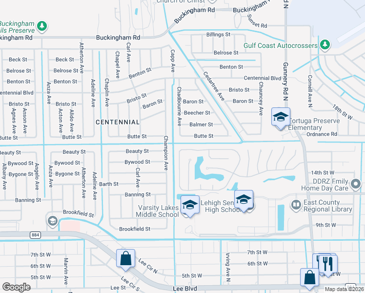 map of restaurants, bars, coffee shops, grocery stores, and more near 4612 Varsity Circle in Lehigh Acres