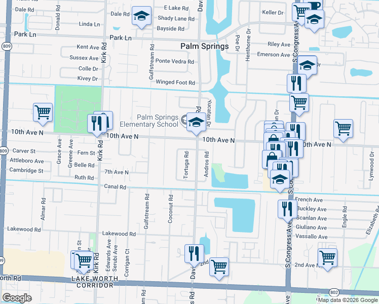 map of restaurants, bars, coffee shops, grocery stores, and more near 160 Jamaica Drive in Lake Worth