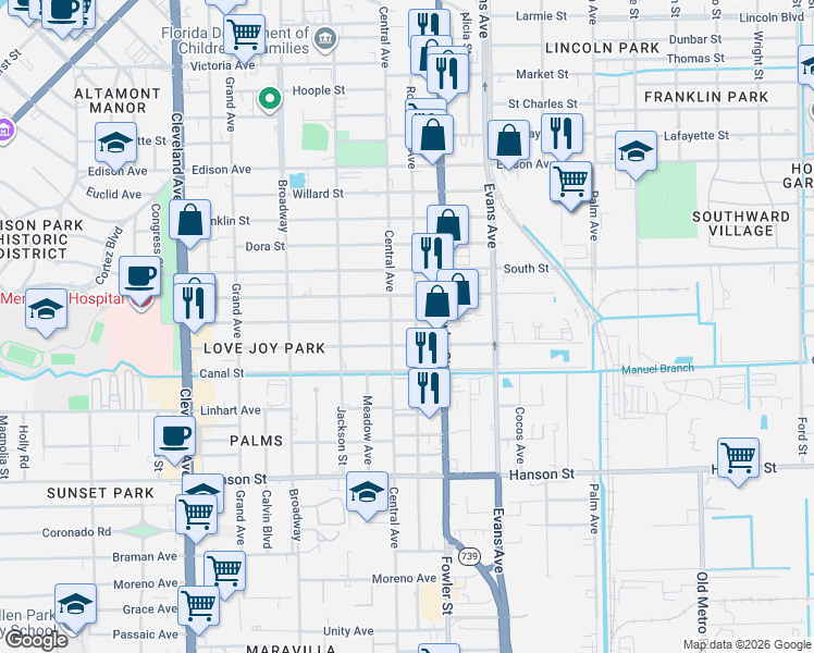 map of restaurants, bars, coffee shops, grocery stores, and more near 2705 Central Avenue in Fort Myers