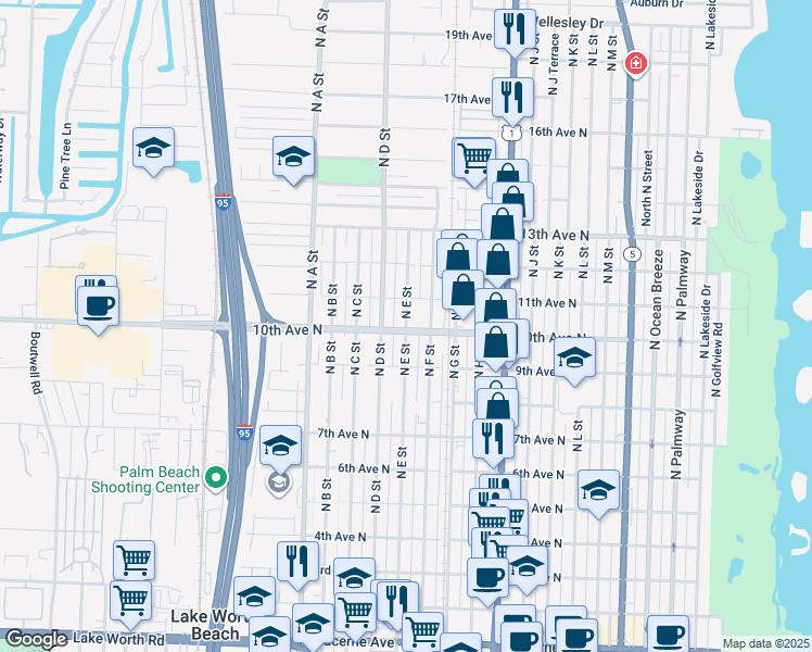 map of restaurants, bars, coffee shops, grocery stores, and more near 1011 North E Street in Lake Worth