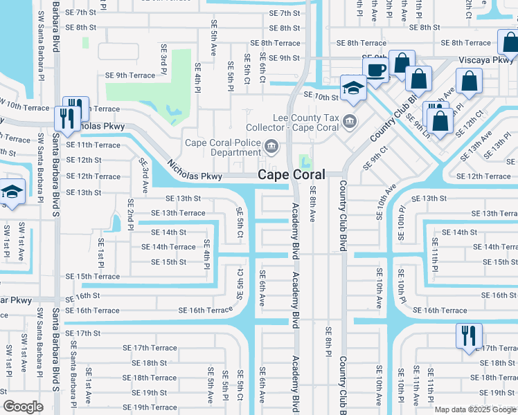map of restaurants, bars, coffee shops, grocery stores, and more near 601 Southeast 13th Terrace in Cape Coral