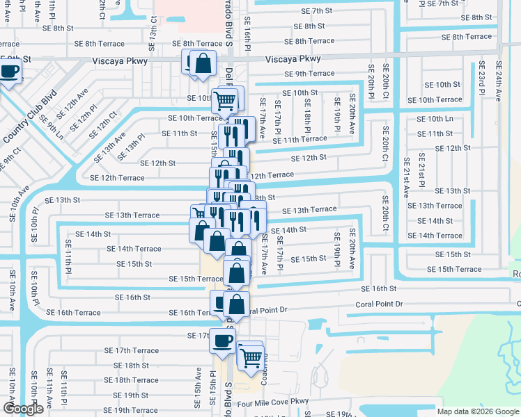 map of restaurants, bars, coffee shops, grocery stores, and more near 1625 Southeast 13th Terrace in Cape Coral