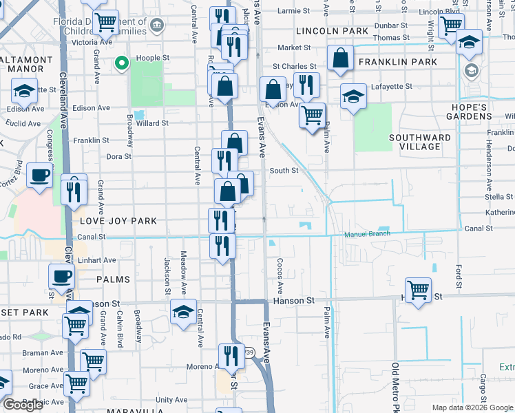 map of restaurants, bars, coffee shops, grocery stores, and more near 2539 Katherine Street in Fort Myers