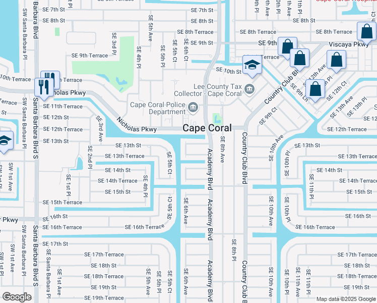 map of restaurants, bars, coffee shops, grocery stores, and more near 601 Southeast 13th Terrace in Cape Coral