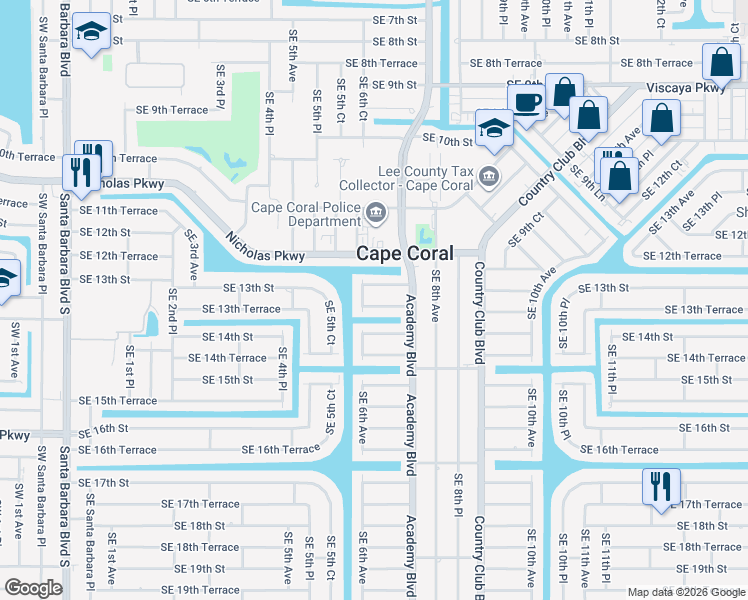 map of restaurants, bars, coffee shops, grocery stores, and more near 605 Southeast 13th Terrace in Cape Coral
