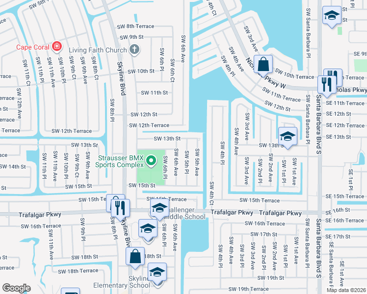 map of restaurants, bars, coffee shops, grocery stores, and more near 1309 Southwest 5th Place in Cape Coral