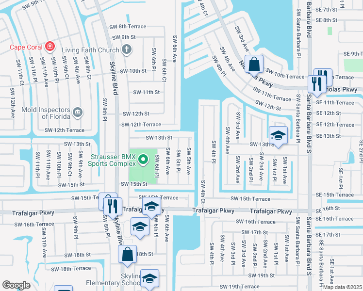 map of restaurants, bars, coffee shops, grocery stores, and more near 1309 Southwest 5th Place in Cape Coral