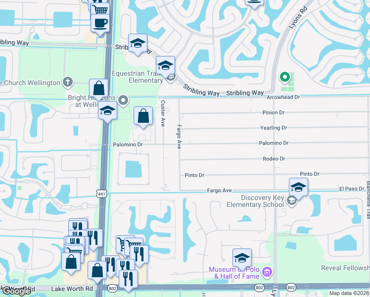 map of restaurants, bars, coffee shops, grocery stores, and more near 9478 Palomino Drive in Lake Worth