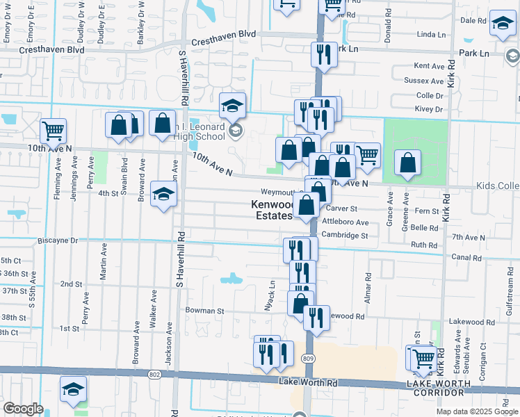 map of restaurants, bars, coffee shops, grocery stores, and more near 4706 Carver Street in Lake Worth