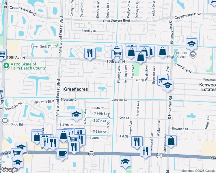 map of restaurants, bars, coffee shops, grocery stores, and more near 318 Pine Ridge Circle in Greenacres