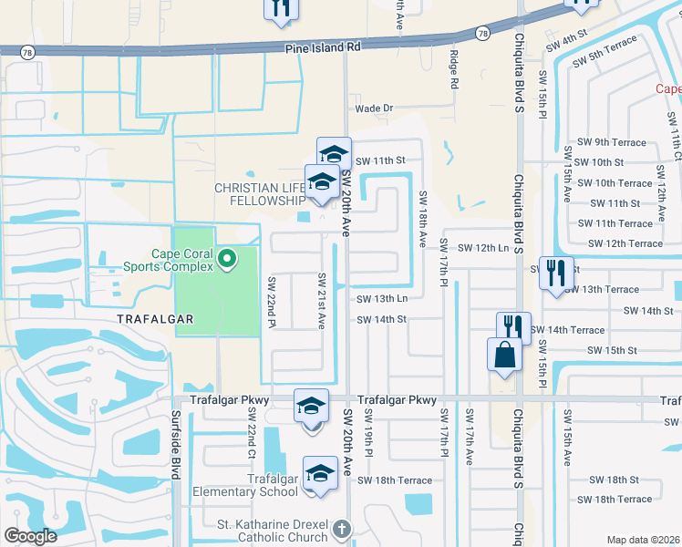 map of restaurants, bars, coffee shops, grocery stores, and more near 1300 Southwest 20th Avenue in Cape Coral