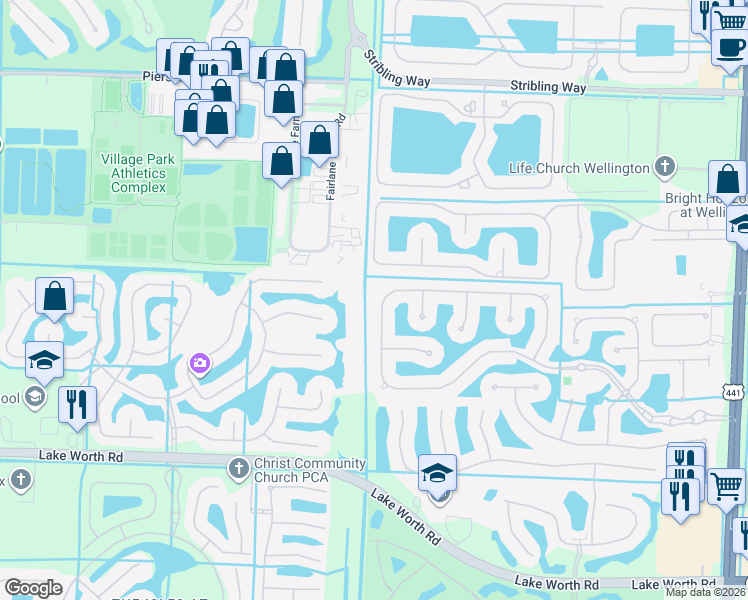 map of restaurants, bars, coffee shops, grocery stores, and more near 10642 Versailles Boulevard in Wellington