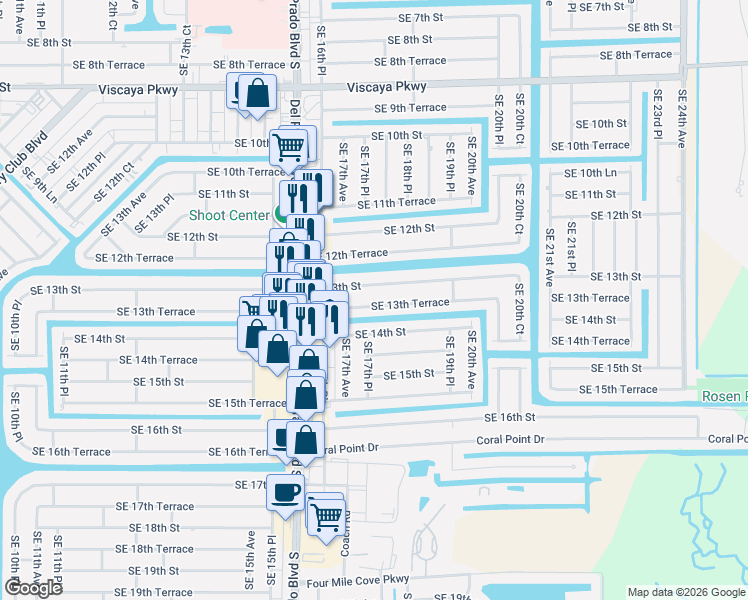 map of restaurants, bars, coffee shops, grocery stores, and more near 1721 Southeast 13th Terrace in Cape Coral