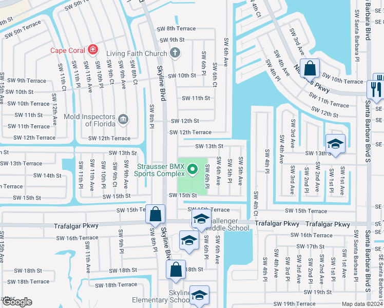map of restaurants, bars, coffee shops, grocery stores, and more near 703 Southwest 13th Terrace in Cape Coral