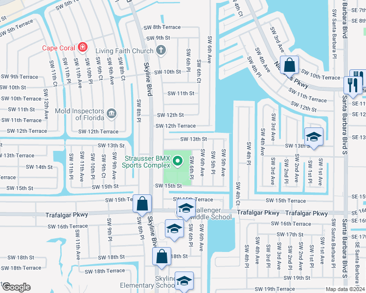 map of restaurants, bars, coffee shops, grocery stores, and more near 625 Southwest 13th Terrace in Cape Coral