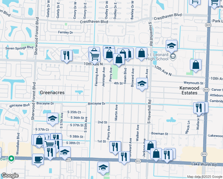 map of restaurants, bars, coffee shops, grocery stores, and more near 446 Perry Avenue in Greenacres