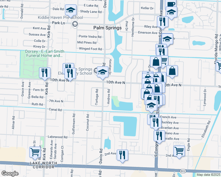 map of restaurants, bars, coffee shops, grocery stores, and more near 84 Andros Road in Palm Springs