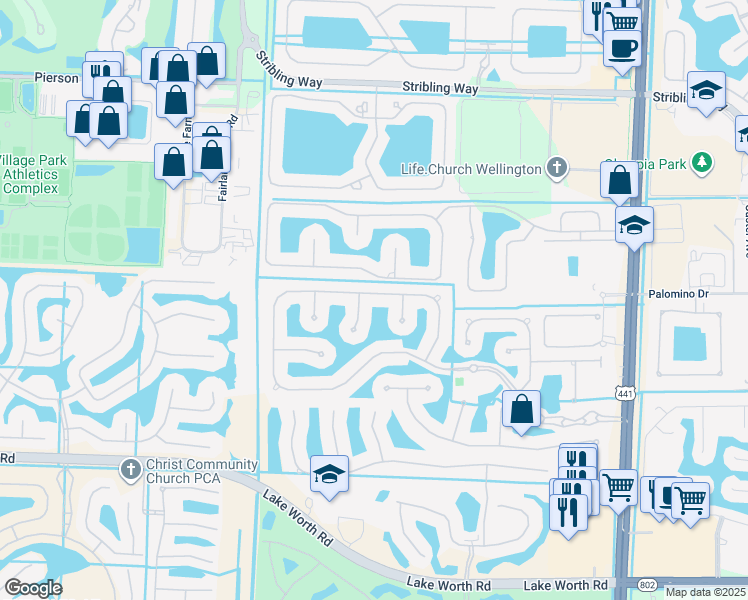 map of restaurants, bars, coffee shops, grocery stores, and more near 10703 Versailles Boulevard in Wellington