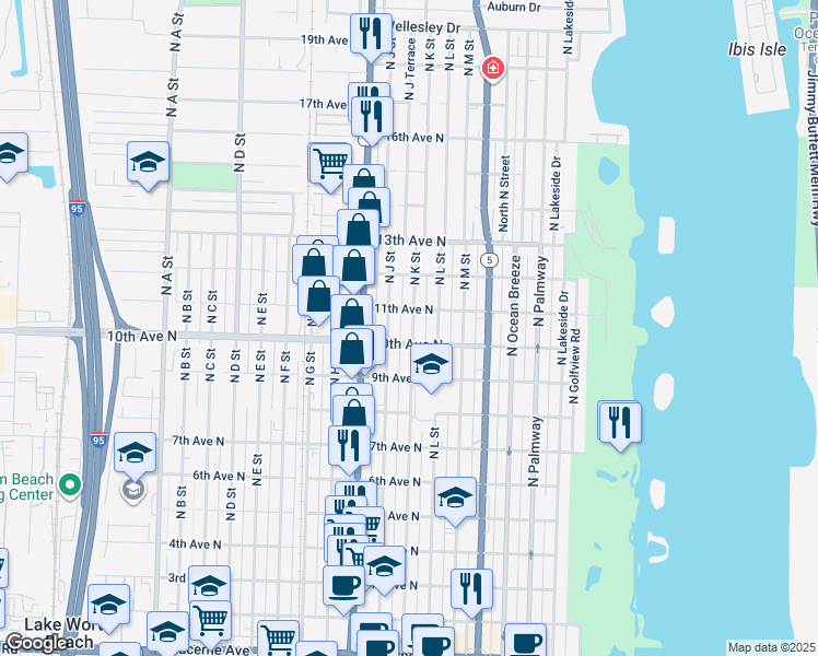 map of restaurants, bars, coffee shops, grocery stores, and more near 1019 North K Street in Lake Worth