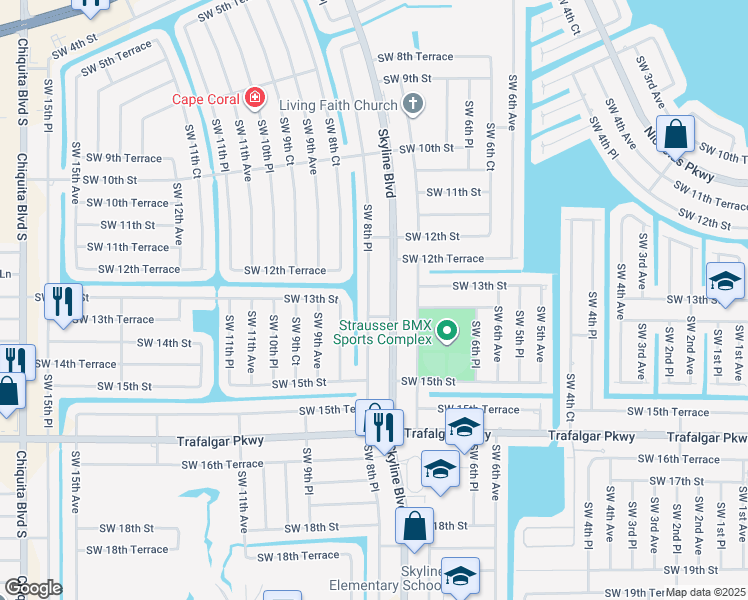 map of restaurants, bars, coffee shops, grocery stores, and more near 1309 Southwest 8th Place in Cape Coral