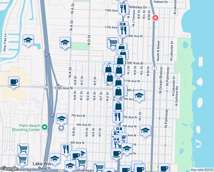 map of restaurants, bars, coffee shops, grocery stores, and more near 1006 North F Street in Lake Worth
