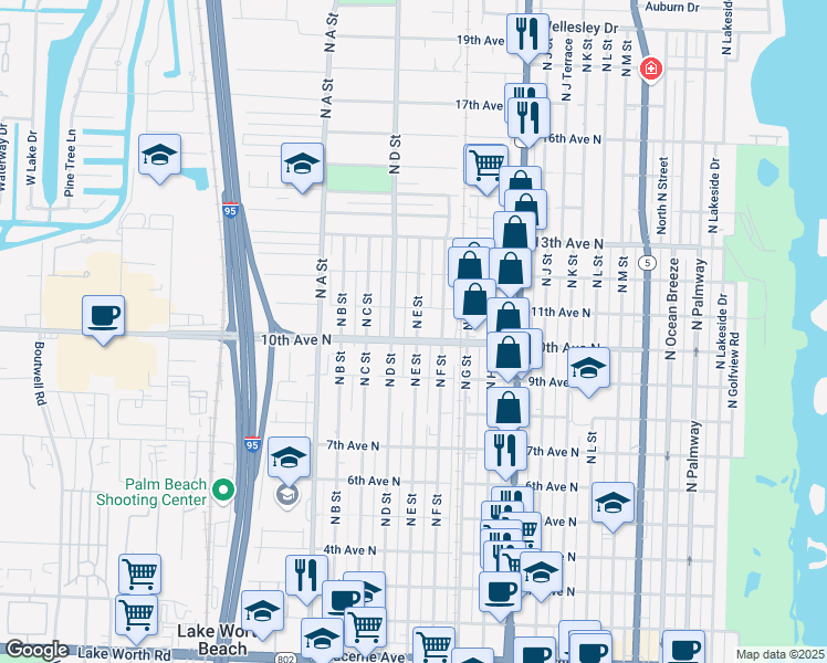 map of restaurants, bars, coffee shops, grocery stores, and more near 1011 North E Street in Lake Worth