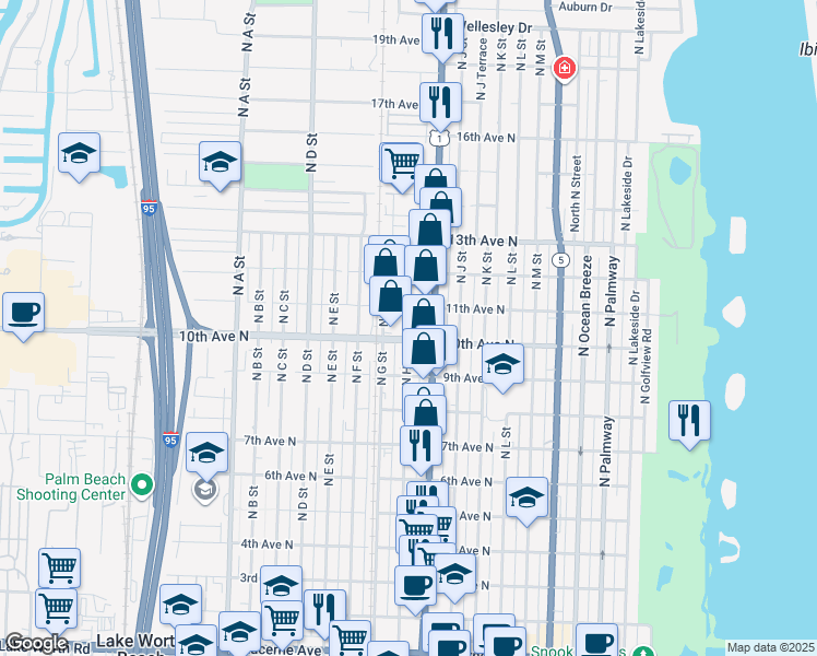 map of restaurants, bars, coffee shops, grocery stores, and more near 1013 North H Street in Lake Worth