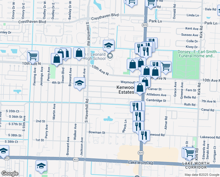 map of restaurants, bars, coffee shops, grocery stores, and more near 4796 Carver Street in Lake Worth