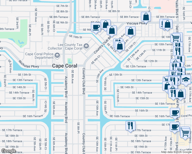 map of restaurants, bars, coffee shops, grocery stores, and more near 930 Southeast 13th Street in Cape Coral