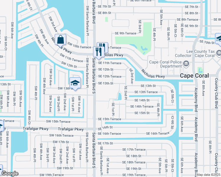 map of restaurants, bars, coffee shops, grocery stores, and more near 1333 Santa Barbara Boulevard in Cape Coral
