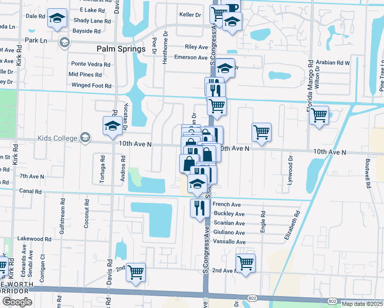map of restaurants, bars, coffee shops, grocery stores, and more near 3401 South Congress Avenue in Lake Worth