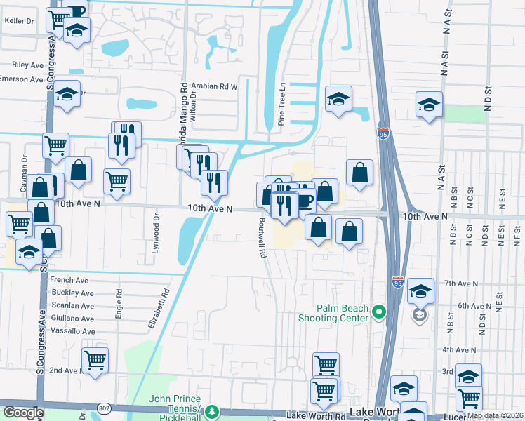 map of restaurants, bars, coffee shops, grocery stores, and more near 3263 Boutwell Road in Lake Worth