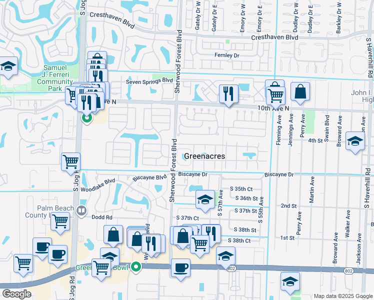 map of restaurants, bars, coffee shops, grocery stores, and more near 100 Nottingham Circle in Greenacres