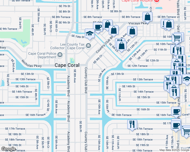 map of restaurants, bars, coffee shops, grocery stores, and more near 912 Southeast 13th Street in Cape Coral