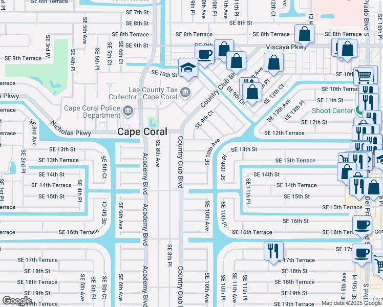 map of restaurants, bars, coffee shops, grocery stores, and more near 912 Southeast 13th Street in Cape Coral