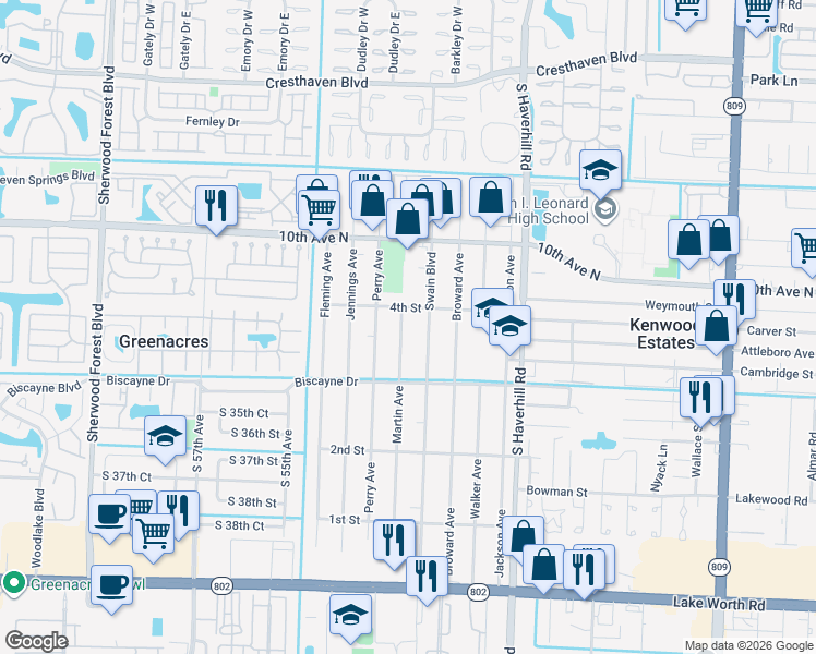 map of restaurants, bars, coffee shops, grocery stores, and more near 448 Martin Avenue in Greenacres