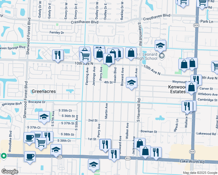 map of restaurants, bars, coffee shops, grocery stores, and more near 448 Martin Avenue in Greenacres