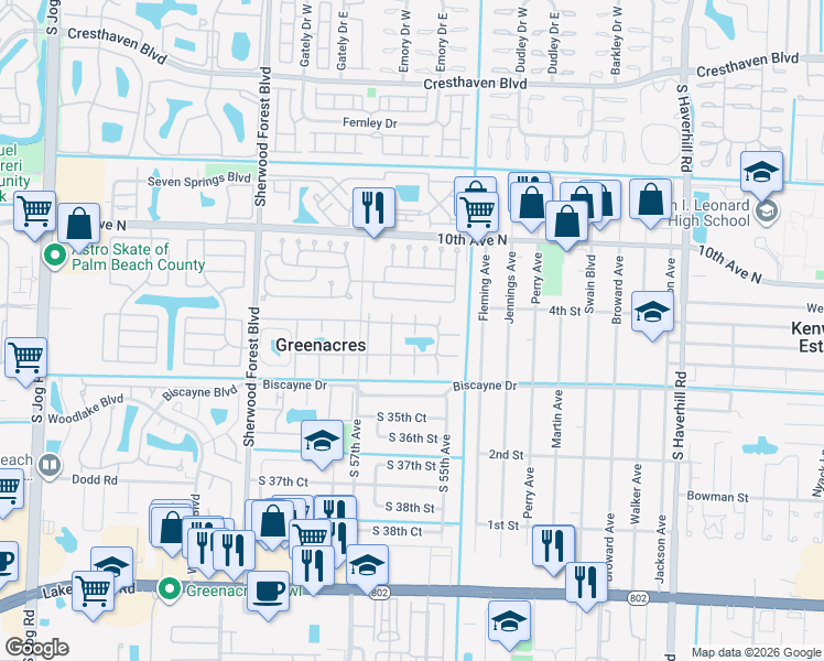 map of restaurants, bars, coffee shops, grocery stores, and more near 340 Pine Ridge Circle in Greenacres