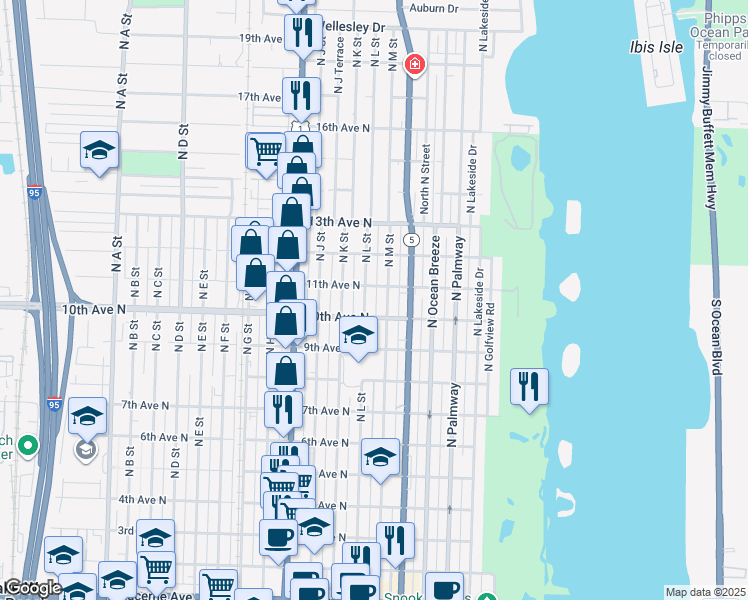 map of restaurants, bars, coffee shops, grocery stores, and more near 1016 North L Street in Lake Worth