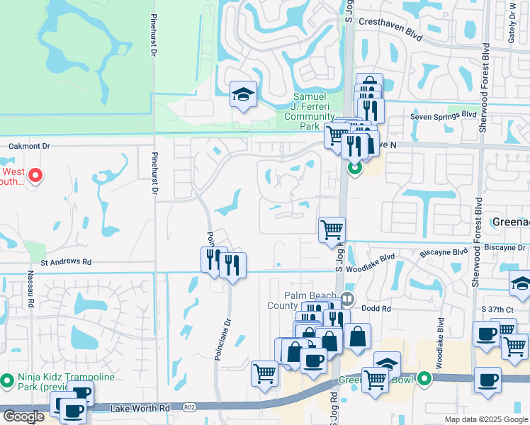 map of restaurants, bars, coffee shops, grocery stores, and more near 3220 Perimeter Drive in Greenacres