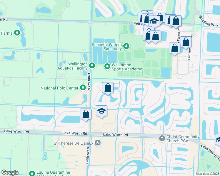 map of restaurants, bars, coffee shops, grocery stores, and more near 3645 Miramontes Cir in Wellington