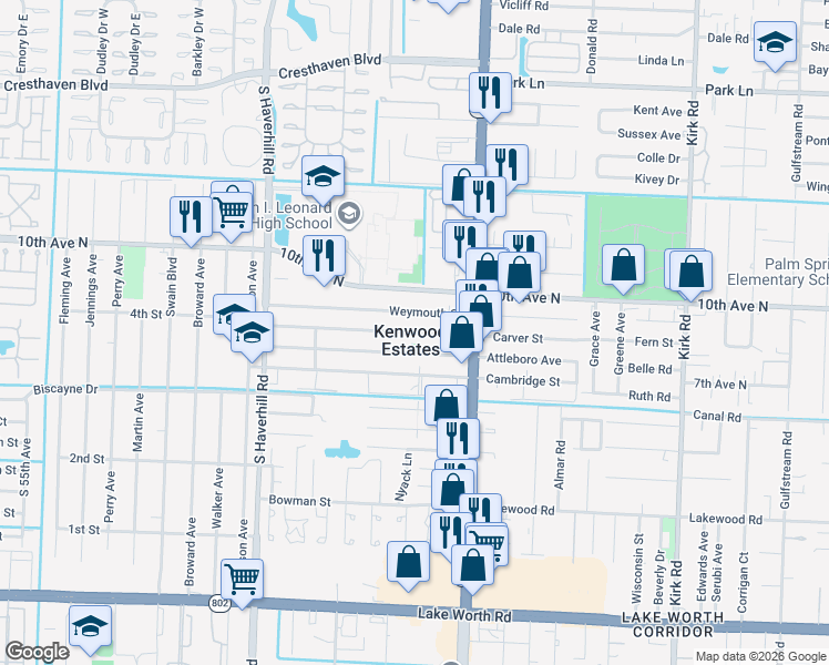 map of restaurants, bars, coffee shops, grocery stores, and more near Carver Street in Lake Worth