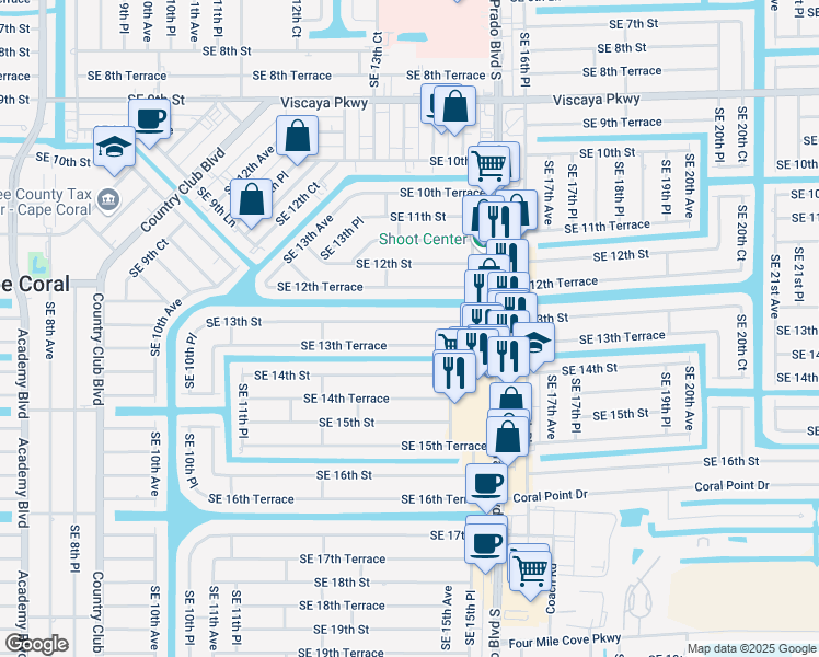 map of restaurants, bars, coffee shops, grocery stores, and more near 1422 Southeast 13th Street in Cape Coral