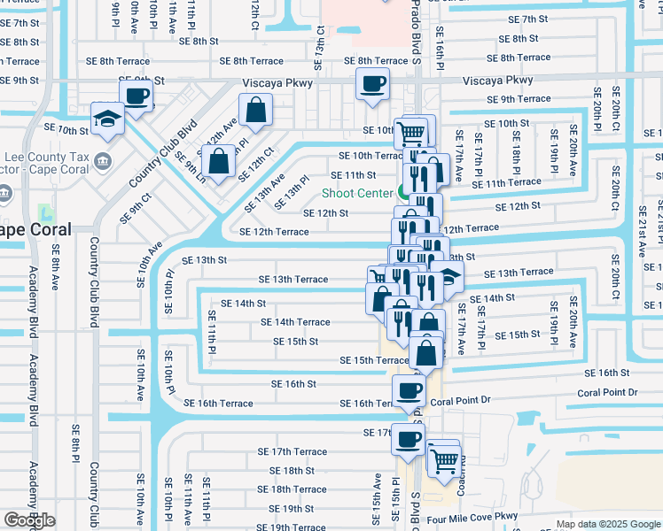 map of restaurants, bars, coffee shops, grocery stores, and more near 1422 SE 13th St in Cape Coral