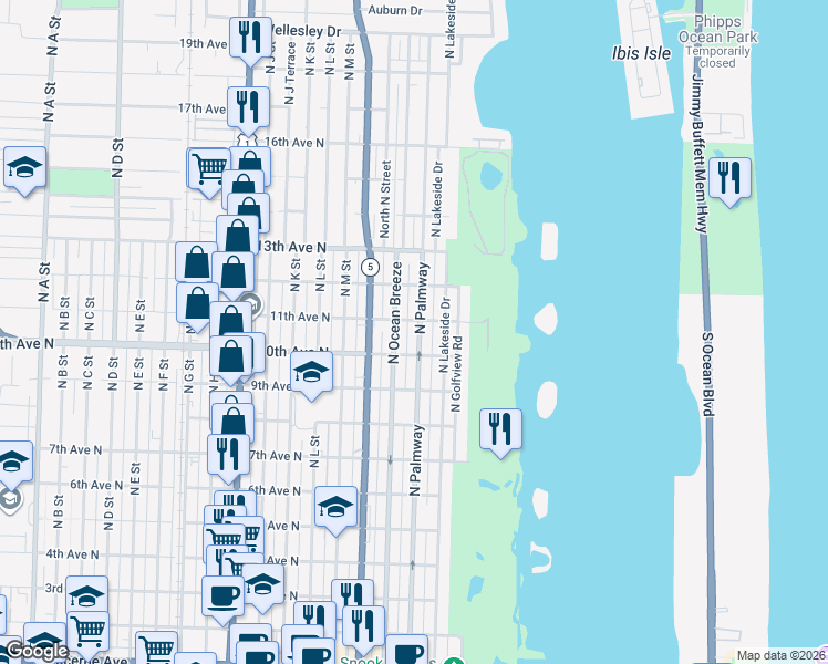 map of restaurants, bars, coffee shops, grocery stores, and more near 1021 North Palmway in Lake Worth