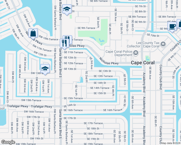 map of restaurants, bars, coffee shops, grocery stores, and more near 224 Southeast 13th Street in Cape Coral